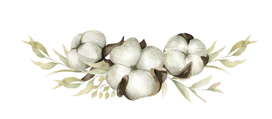 A wreath of cotton flowers, green leaf and branches eucalyptus . Watercolor floral illustrations. Garland of cotton flowers. Compositions for wedding invitations greetings, wallpapers, postcards