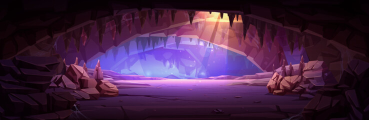 Cartoon cave interior illuminated with sunlight from ceiling. Vector illustration of rocky landscape inside mountain for adventure game background. Fantasy dark scene with stones and cobweb. Old mine - obrazy, fototapety, plakaty