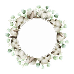 Cotton flowers, green leaf and branches eucalyptus. A round frame of cotton flowers. Watercolor floral illustrations. Background for wedding invitations, greetings, wallpapers, postcards