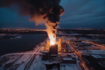 Aerial view of Big explosion and fire on power plant. Generative AI