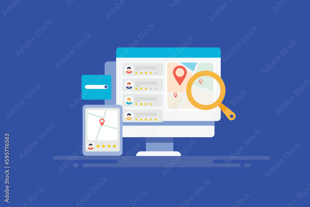 Wall mural local business listing map location and customer review rating feedback on computer and smartphone s