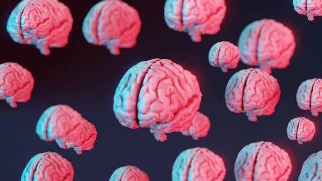 3D animation showing group of rotating human brains against black screen