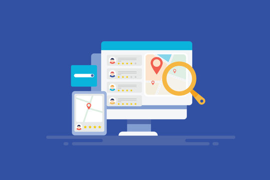 Local business listing map location and customer review rating feedback on computer and smartphone screen, vector illustration web banner.