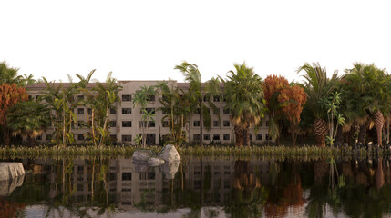 Fototapeta na wymiar house in the jungle on the river bank on a transparent background, 3D illustration, cg render 