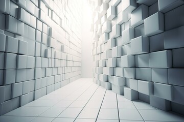 White semigloss tiles form a square, futuristic wall made of 3D blocks in this render. Generative AI