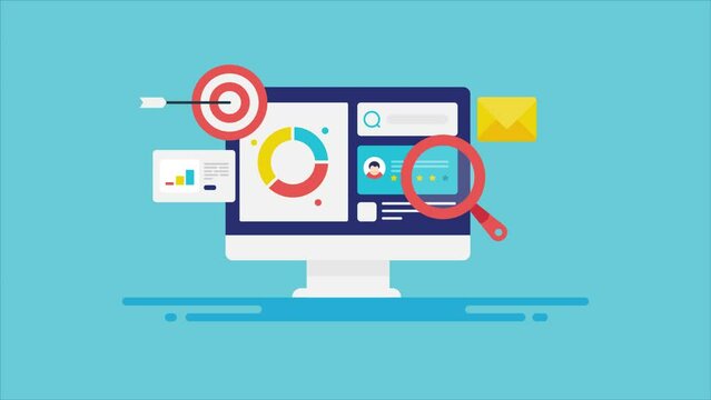 Digital marketing, business analytics and diagram, crm software managing customer, sales and finance for organisation on computer, video animation.