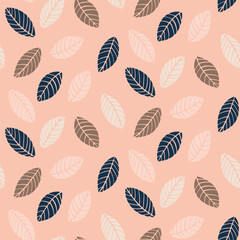 Classic leaf shapes scattered in a colour palette of pastel pink, navy blue, and off-white over peach background. Great for home decor, fabric, wallpaper, gift wrap, stationery, and design projects.