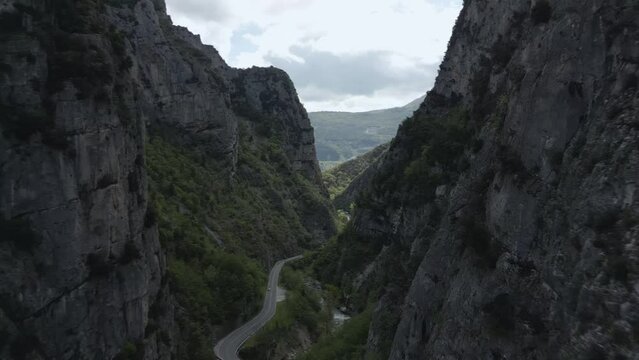 Drone footage over the gorge of Frasassi in Italy
