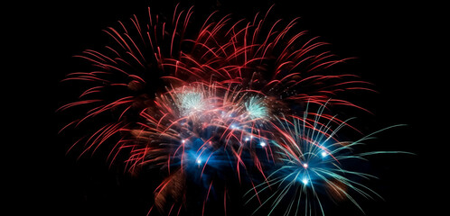 Fototapeta premium Red, white, and blue fireworks light up the night sky, patriotic celebration, New Years Eve or Independence Day. Shallow depth of field, Illustrative Generative AI