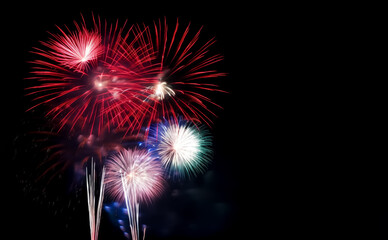 Red, white, and blue fireworks light up the night sky, patriotic celebration, New Years Eve or Independence Day. Shallow depth of field, Illustrative Generative AI