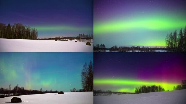Shot of four split screen along winter countryside in timelapse over snow covered farmlands with aurora borealis over blue sky in the background