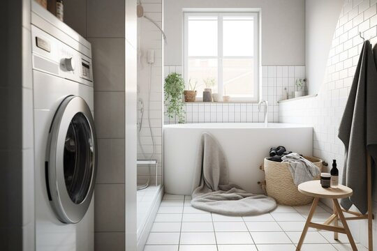 Light Scandinavian bathroom with white washer. Generative AI