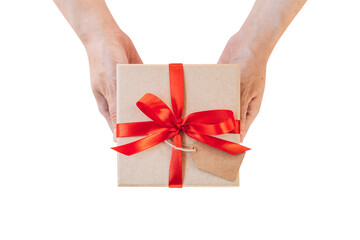 Hand hold gift box isolated on transparent background. Png realistic design element. - 595778354