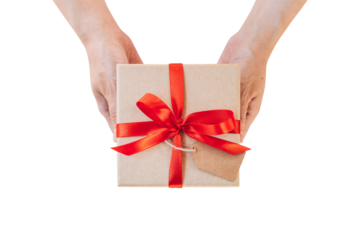 Hand hold gift box isolated on transparent background. Png realistic design element.