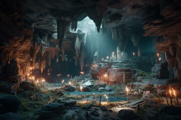 Enchanting cave adorned with luminous crystals. Perfect fusion of anime and DnD aesthetics. Generative AI