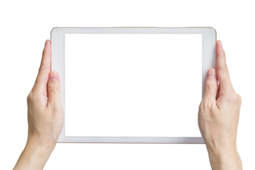 Hand hold tablet isolated on transparent background. Png realistic design element.