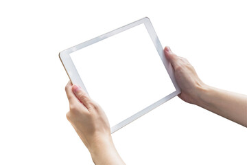 Hand hold tablet isolated on transparent background. Png realistic design element. - 595778395