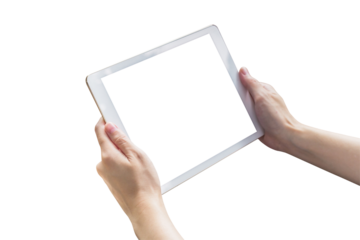 Hand hold tablet isolated on transparent background. Png realistic design element.
