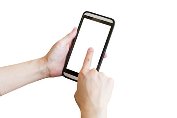 Hand with phone isolated on transparent background. Png realistic design element.