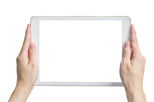 Hand hold tablet isolated on transparent background. Png realistic design element.