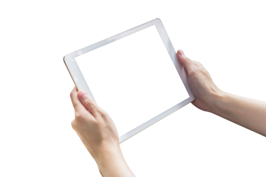 Hand hold tablet isolated on transparent background. Png realistic design element.