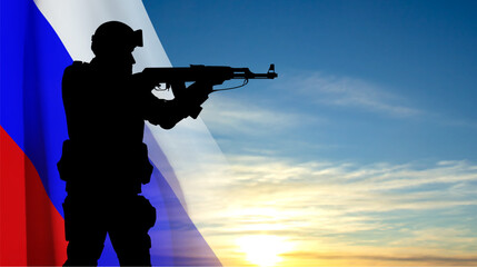 Fototapeta na wymiar Silhouette of a soldier on background of sunset sky with the Russian flag. EPS10 vector