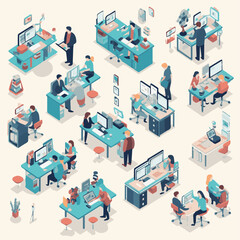 People in open space office concept design. Can use for web banner, infographics, hero images. Flat isometric vector illustration isolated on white background.
