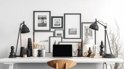 Collection of framed pictures. Set multiple many blank small picture frames. Generative AI. High quality illustration