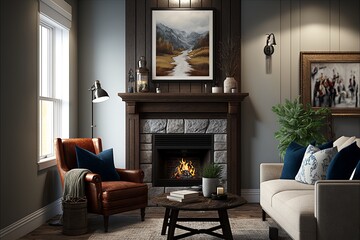 Living room with accent wall and fireplace