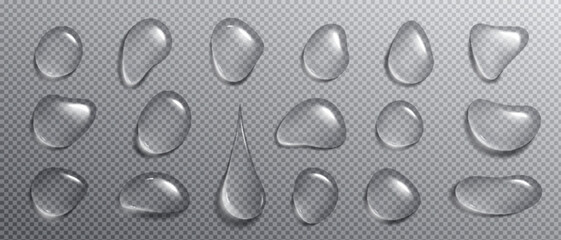 Realistic condensation water tears. Isolated vector droplet on transparent background. 3d clear glass drop texture set. Liquid wet surface png illustration with white reflection design macro view. - obrazy, fototapety, plakaty