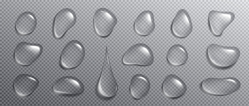 Realistic Condensation Water Tears. Isolated Vector Droplet On Transparent Background. 3d Clear Glass Drop Texture Set. Liquid Wet Surface Png Illustration With White Reflection Design Macro View.