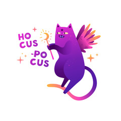 Cute illustration with mystical shiny cat. Magic characters of cat with stars and wings. Esoteric cartoon neon style. Cute cats for printing on fabric. Vector.