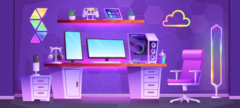 Neon teen streamer room interior with desk and pc vector background. Cyber gamer studio front view with computer, chair and keyboard cartoon illustration. Stream workstation concept with microphone.