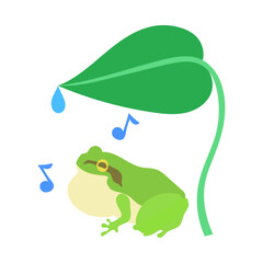 葉っぱの下で楽しげに鳴くアマガエル。フラットなベクターイラスト。
A cheerful tree frog singing under the leaf. Flat designed vector illustration.