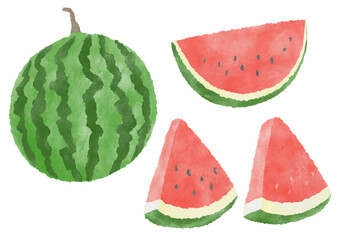 fresh and juicy watermelon simple and cute hand drawn watercolor illustration / 新鮮でジューシーなスイカ シンプルでかわいい手描きの水彩イラスト