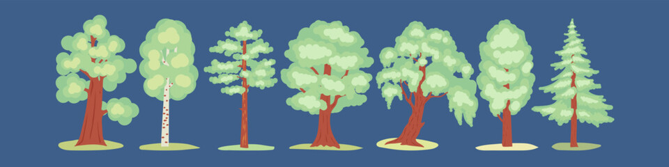 Set of elements. Different types of trees. Green trees. Figures of trees