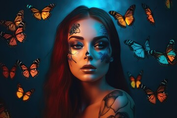 Sensual woman with body art and colored butterflies. Generative AI
