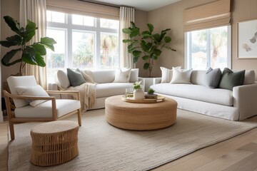 Modern, coastal inspired living room. Generative AI
