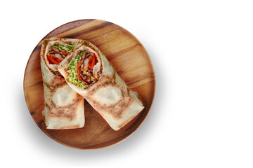 Burrito, shawarma, sandwich, gyro, fresh roll of lavash, doner kebab. Served on wooden plate, white isolated background. Traditional Eastern oriental snack, street food menu.