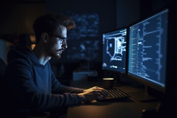 Programmer working at their computer, surrounded by monitors displaying code. Generative AI