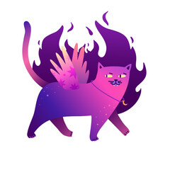 Cute illustration with mystical shiny cat. Magic characters of cat with stars and wings. Esoteric cartoon neon style. Cute cats for printing on fabric. Vector.