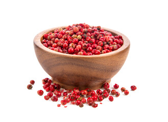dried pink peppers in wood bowl isolated on  transparent png
