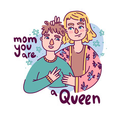 Cute illustration for happy mother s day. Cartoon Character Mom hugs her teen son. Vector.