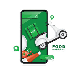 Scooter or motorcycle with a green box for food in back is flying off screen of smartphone after customer press an order at  bottom of buy order button