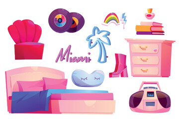 Y2k girl bedroom interior furniture cartoon vector illustration. Neon lamp, pink double bed, armchair and vinyl record indoor teenage room set. Girly clean home accessories with pillow and blanket