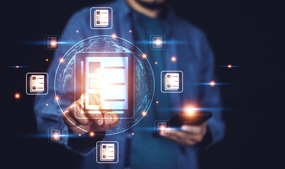 Documents management information system concept, Businessman using visual screen internet for Documents management information system and ERP program data directory in company, ERP document management © Suriyo