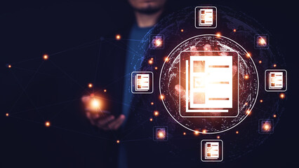 Documents management information system concept, Businessman using visual screen internet for Documents management information system and ERP program data directory in company, ERP document management © Suriyo