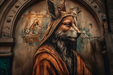 Street art portrays Jesus as a fox. Divine graffiti. Generative AI