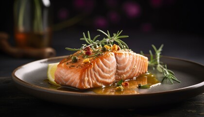piece of salmon with a piece of rosemary on top and a juicy sauce lime and herbs and vegetables in background