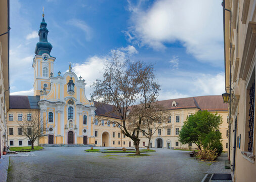 The picturesque Rein Abbey courtyard, founded in 1129, the oldest Cistercian abbey in the world, located in Rein near Graz, Steiermark, Austria
